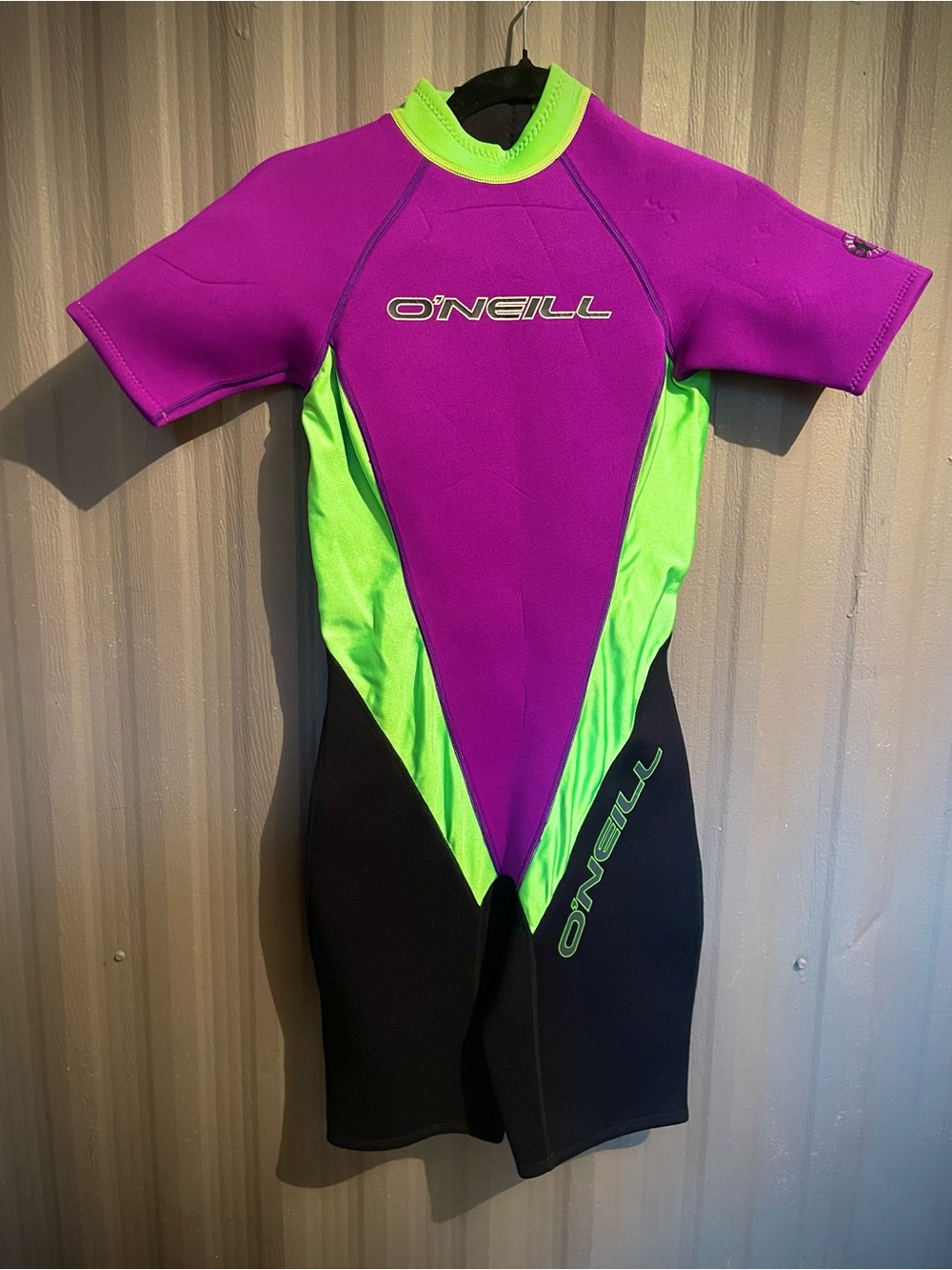 Vintage 90s O'Neill Wetsuit Shorty Springsuit Surf Neon Green Purple Women’s 6 - Picture 1 of 12